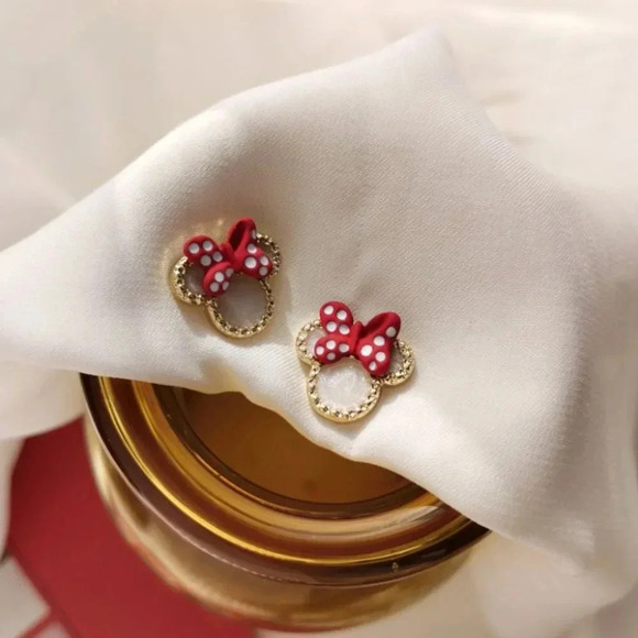 Dainty Gold Minnie Mouse Bow Stud Earrings Minnie Gold & Red Polka Dot Studs - Picture 8 of 9